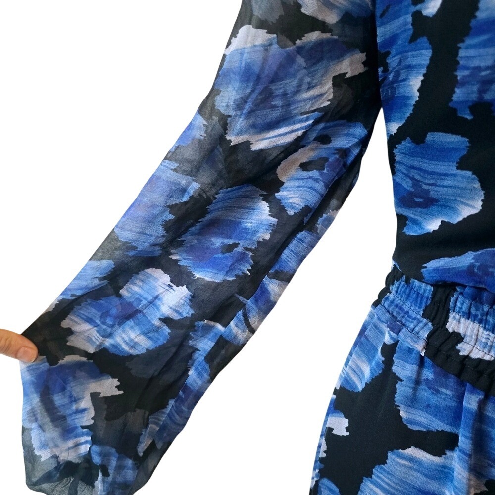 Parker New York Atticus Silk Mini Dress Blue Black Abstract Floral Smocked S New - Picture 4 of 8
